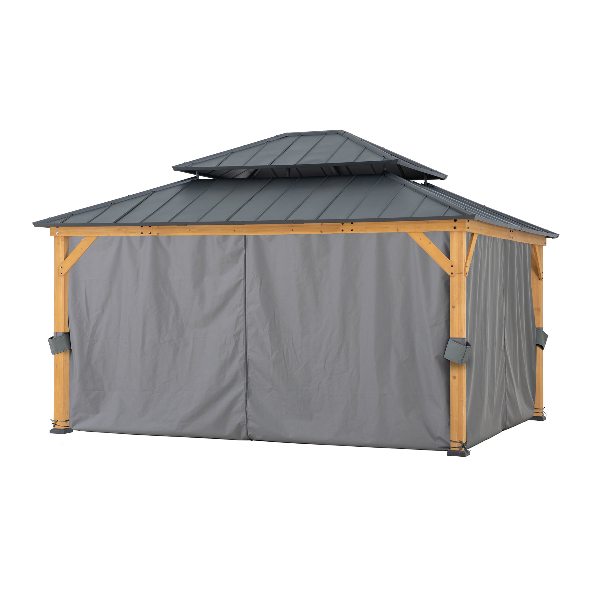 TRIVOR 450cm x 390cm Cedar Framed Gazebo with Anthracite Steel 2-tier Roof - closed curtains