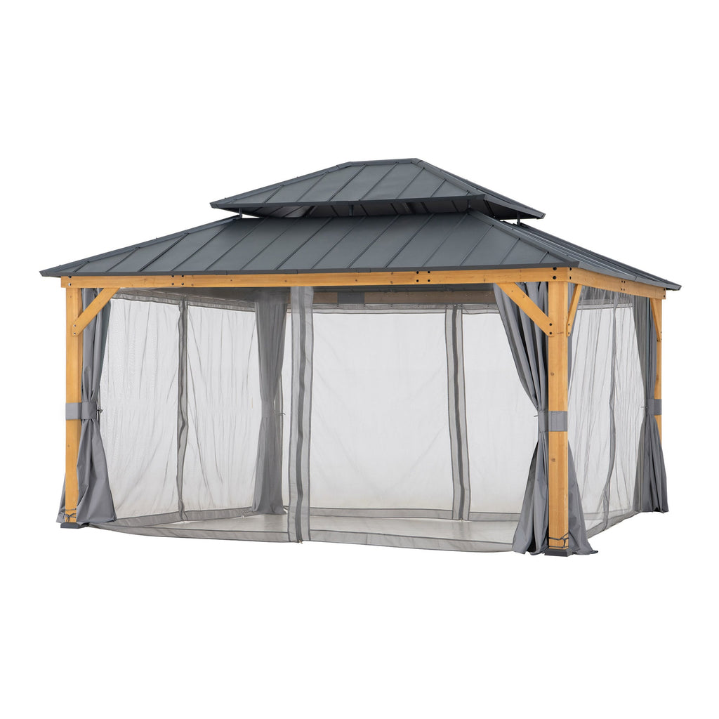 TRIVOR 450cm x 390cm Cedar Framed Gazebo with Anthracite Steel 2-tier Roof - open curtains