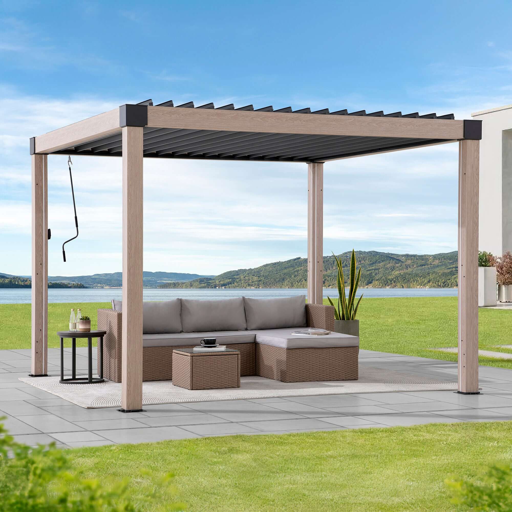 MATTERHORN 306cm x 306cm Beige Steel Multi Pergola with LED Lights - pergola 3x3