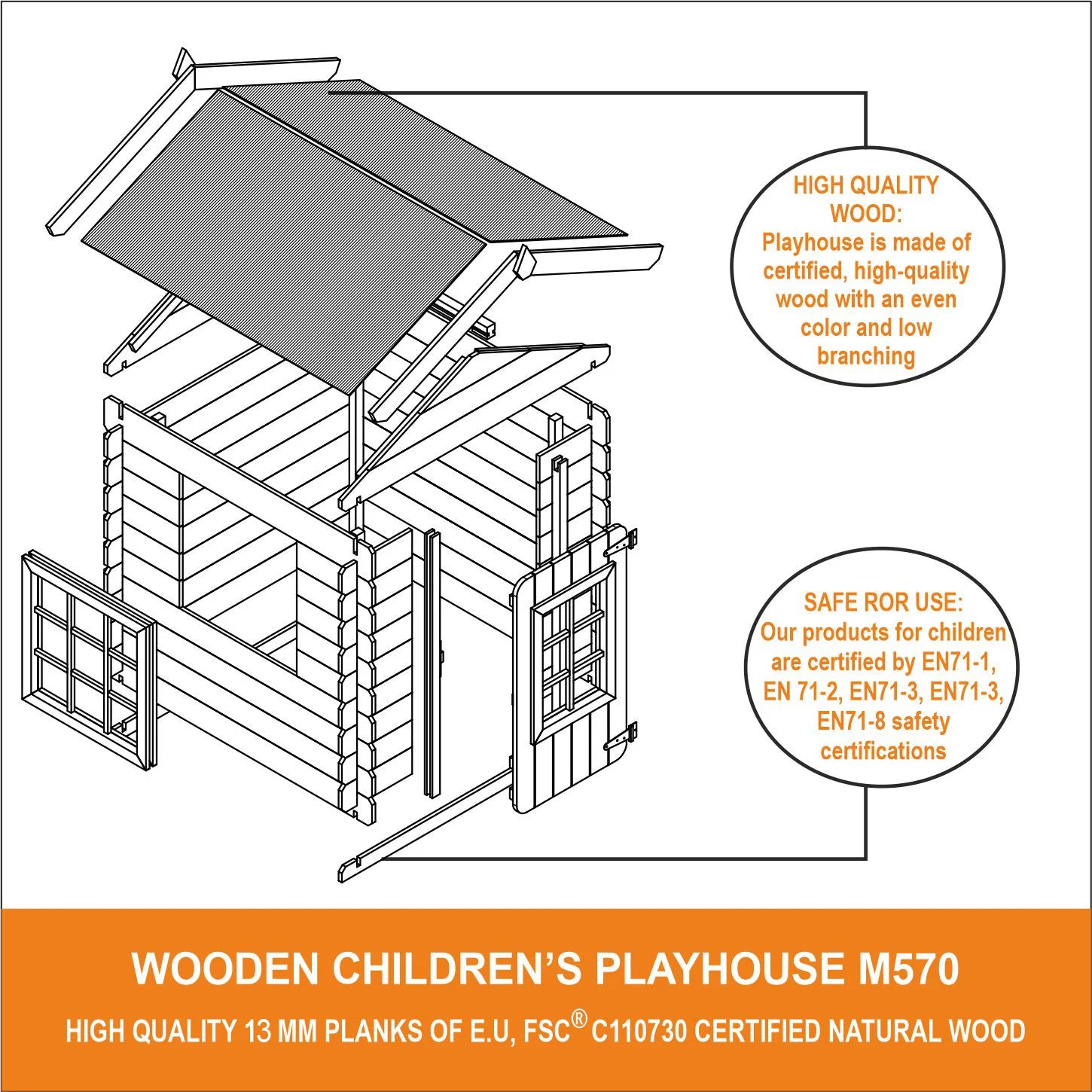 Wooden Playhouse for Kids M570 - 105 x 105 cm