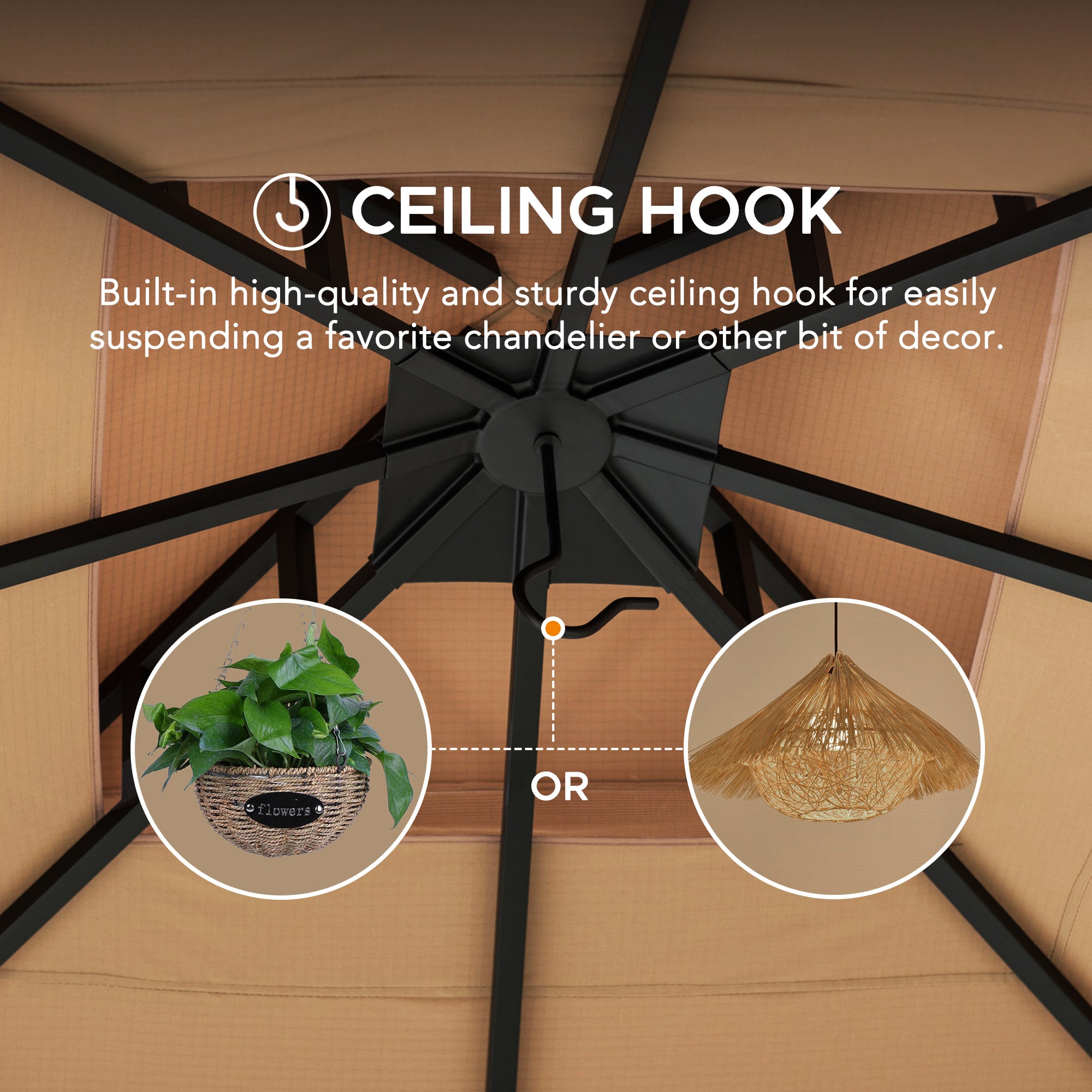 LAURO 340cm x 340cm Brown Fabric Steel Canopy with Ventilated 2-tier Top