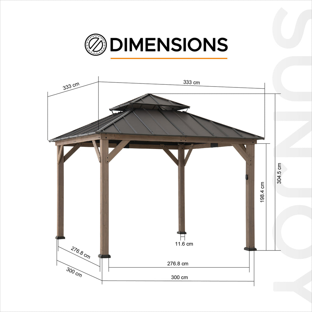KAPS 330cm x 330cm Solar Powered Gazebo with Dark Brown Steel Hardtop