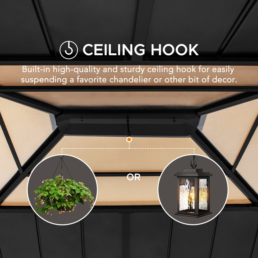 ERNIR 393cm x 452cm Cedar Wood Gazebo with Anthracite Steel Hardtop Roof