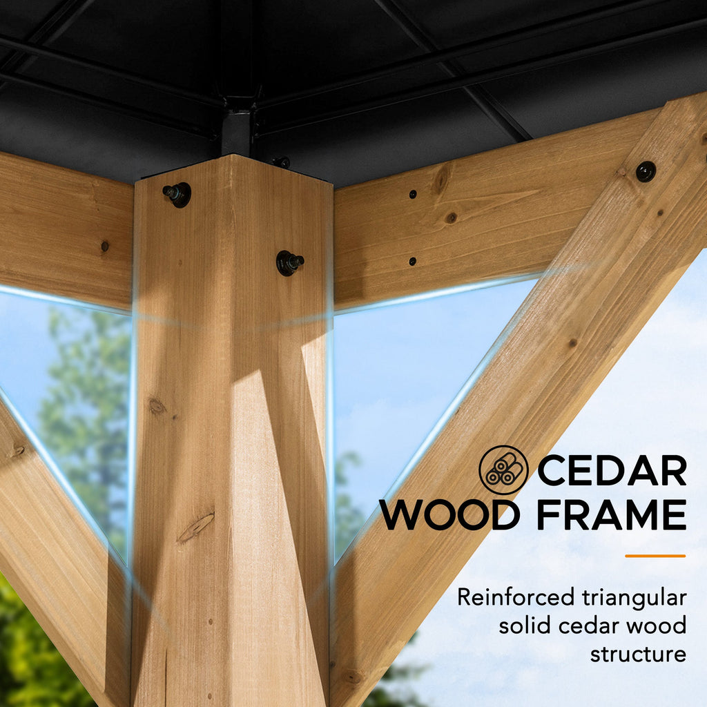 ERNIR 393cm x 452cm Cedar Wood Gazebo with Anthracite Steel Hardtop Roof