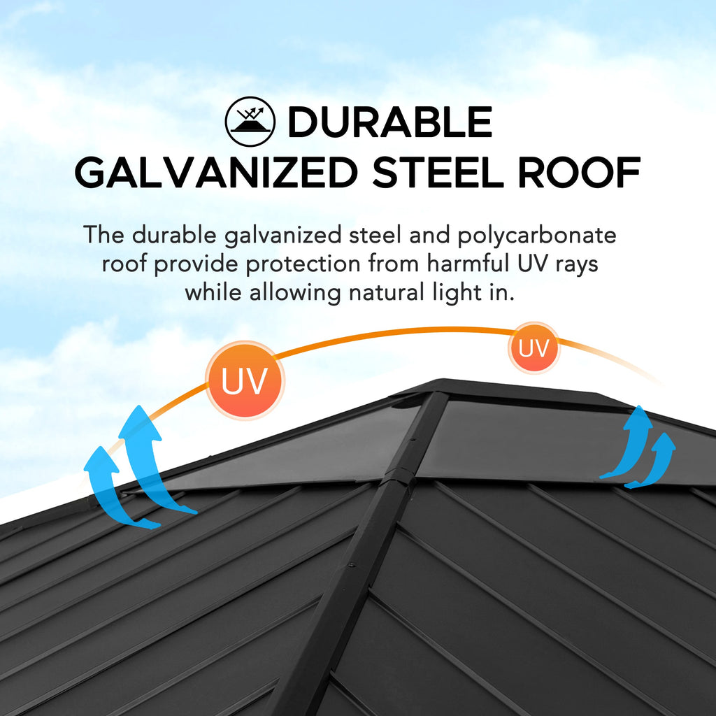 ERNIR 393cm x 452cm Cedar Wood Gazebo with Anthracite Steel Hardtop Roof