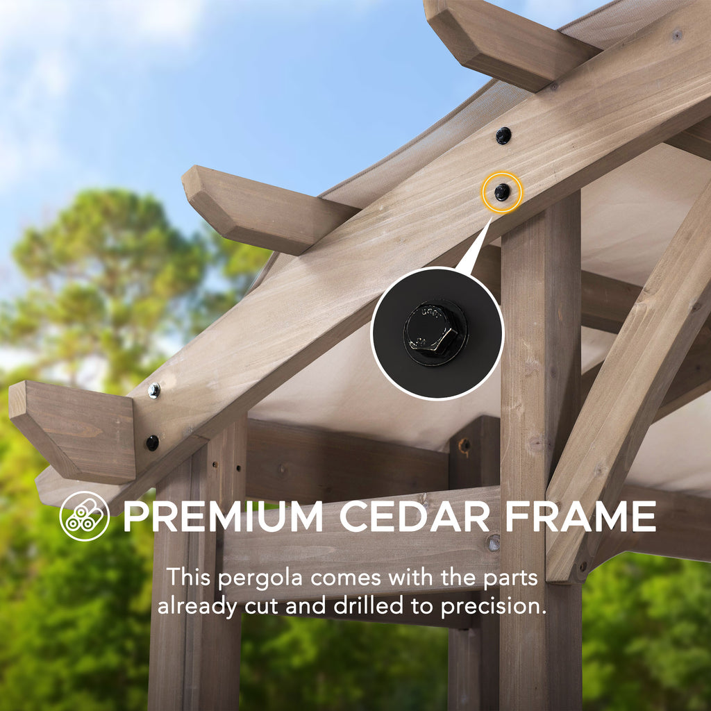 DAJTI 305cm x 427cm Cedar Wood Arched Pergola with Gray Fabric Soft Top - pergola cluj