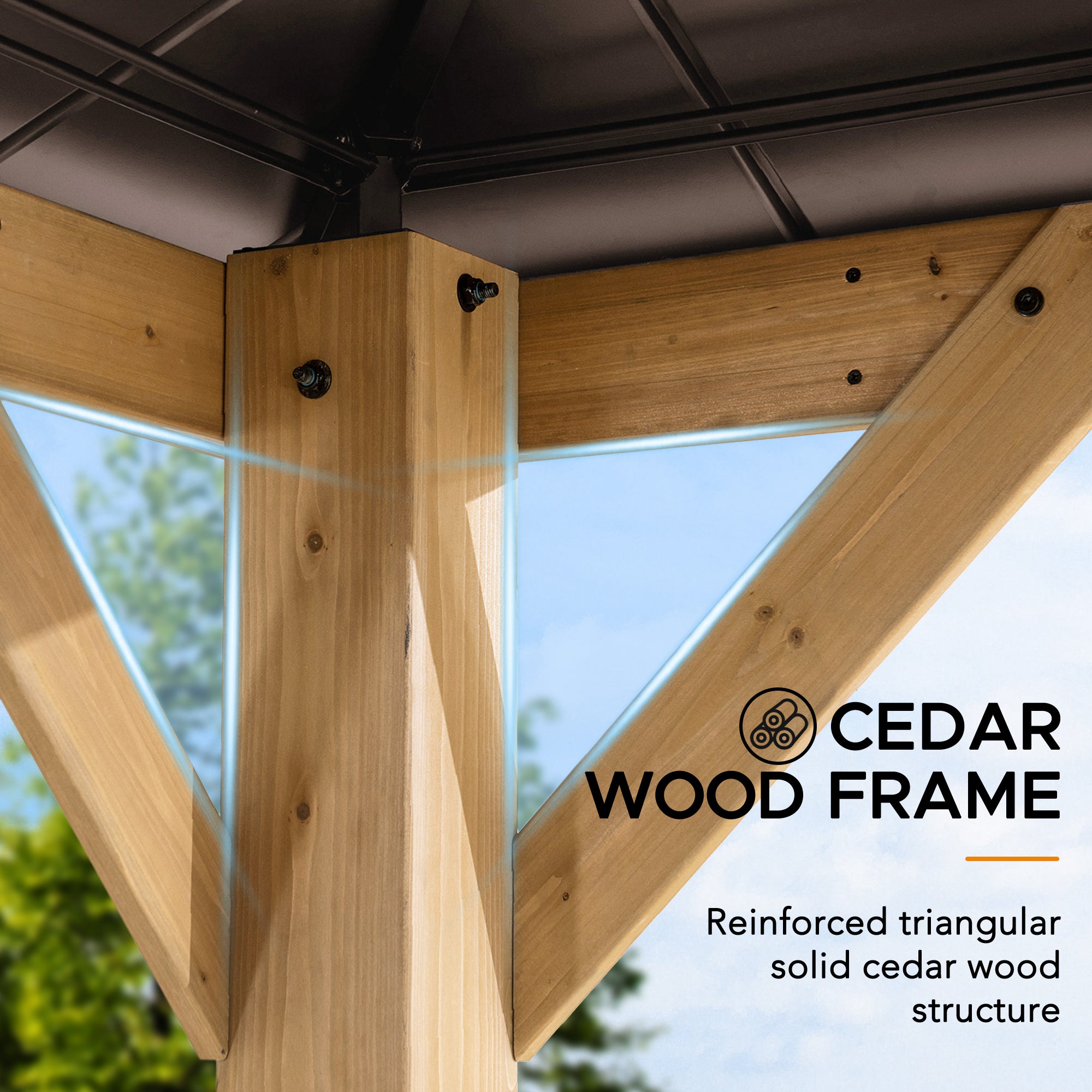 RAPI 273cm x 273cm Cedar Framed Gazebo with Brown Steel and Polycarbonate Hip Roof