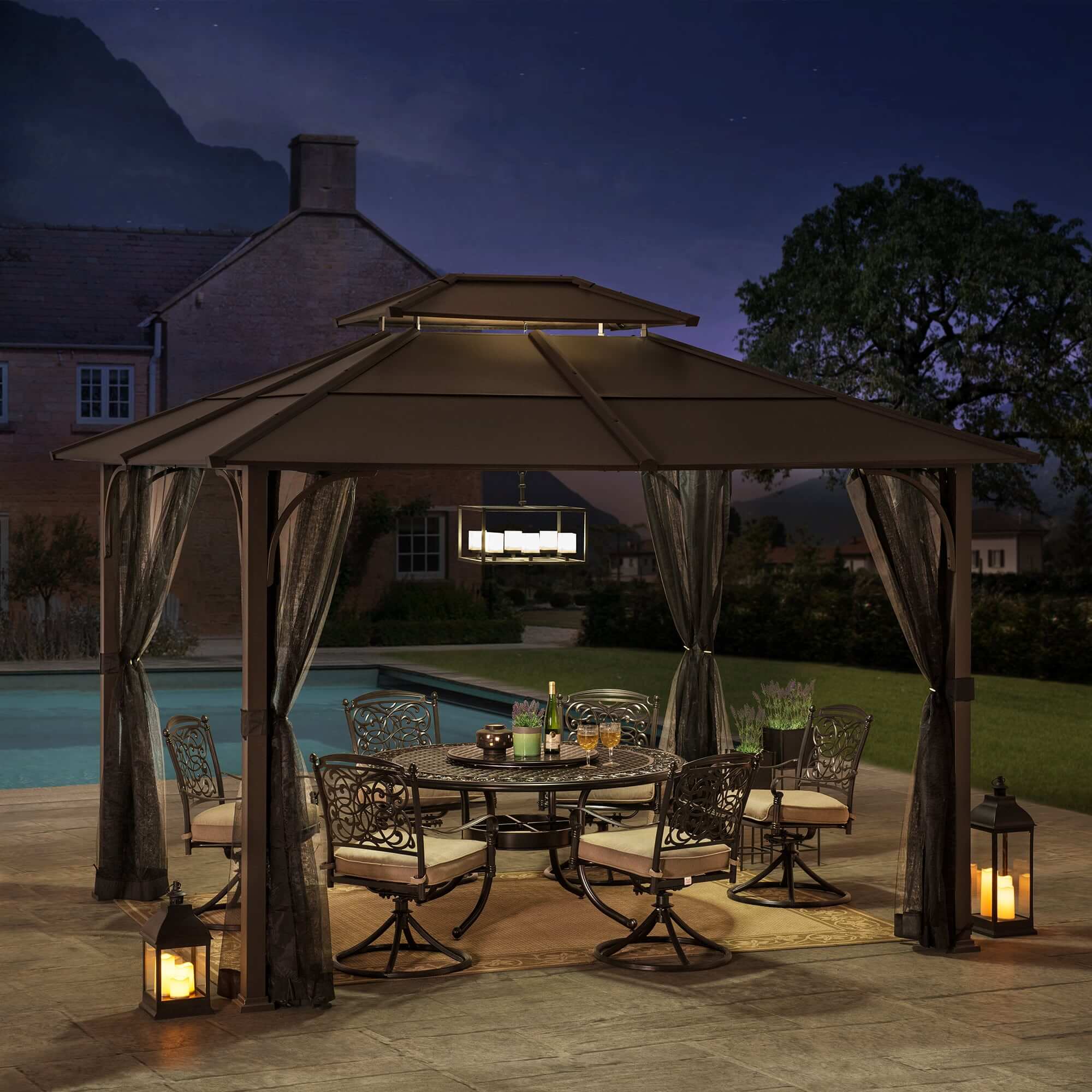 KALDI 366cm x 307cm Black and Brown Steel Gazebo with 2-tier Ventilated Hardtop - full view night