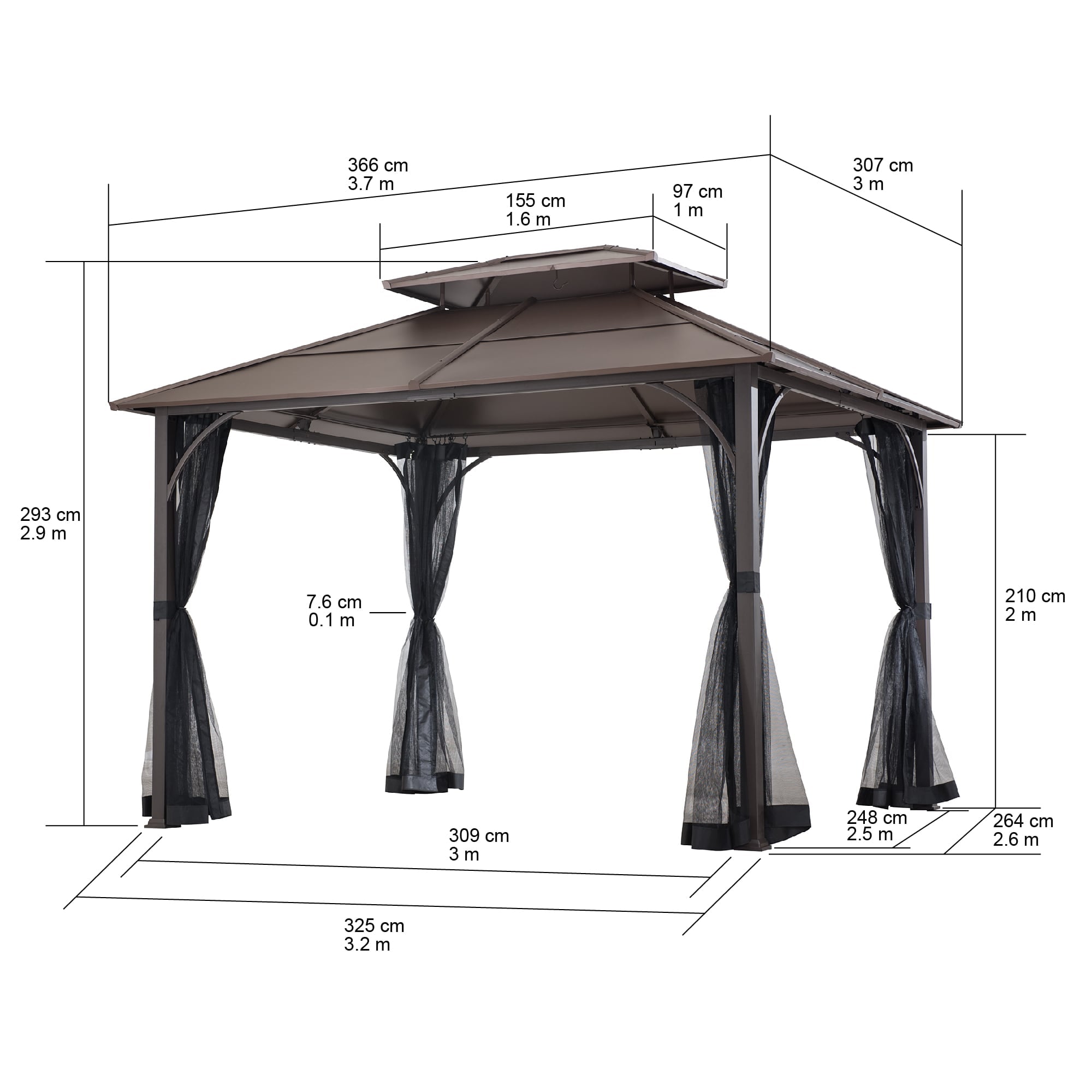 KALDI 366cm x 307cm Black and Brown Steel Gazebo with 2-tier Ventilated Hardtop - dimensions
