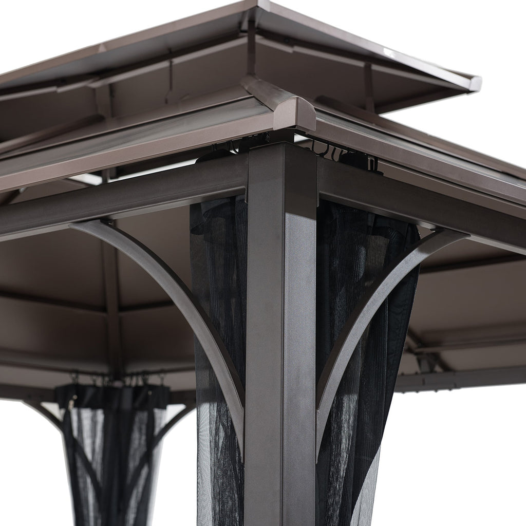 KALDI 366cm x 307cm Black and Brown Steel Gazebo with 2-tier Ventilated Hardtop - outside corner