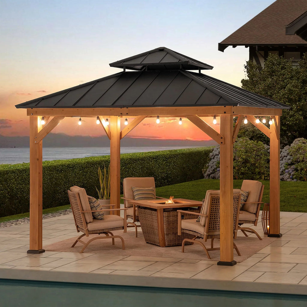 Gazebo KAPS 330 cm x 330 cm con struttura in cedro e tetto rigido in acciaio antracite