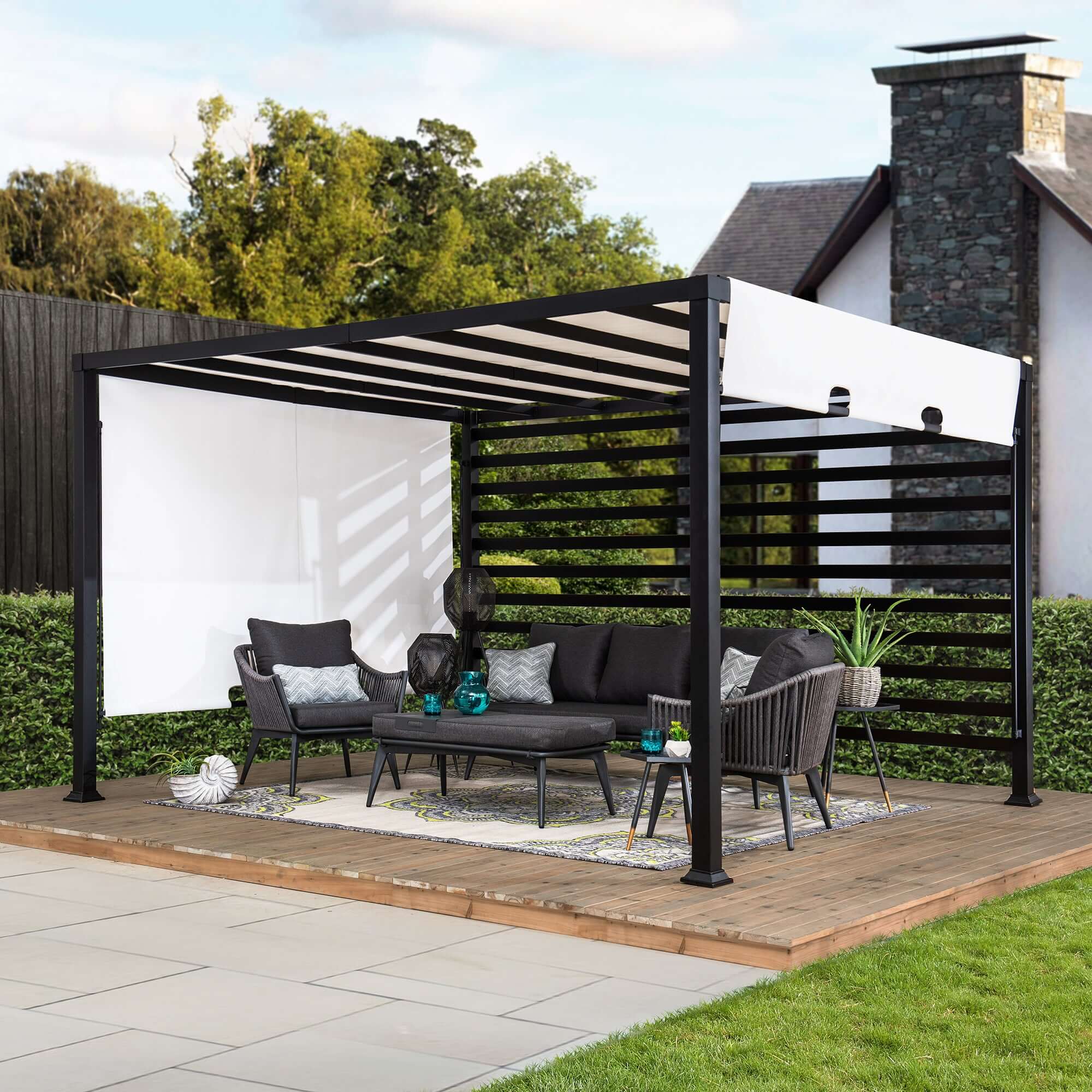 OETA 304cm x 372cm Steel Adjustable Canopy Pergola with White Fabric Soft Top - pergola with canopy roof