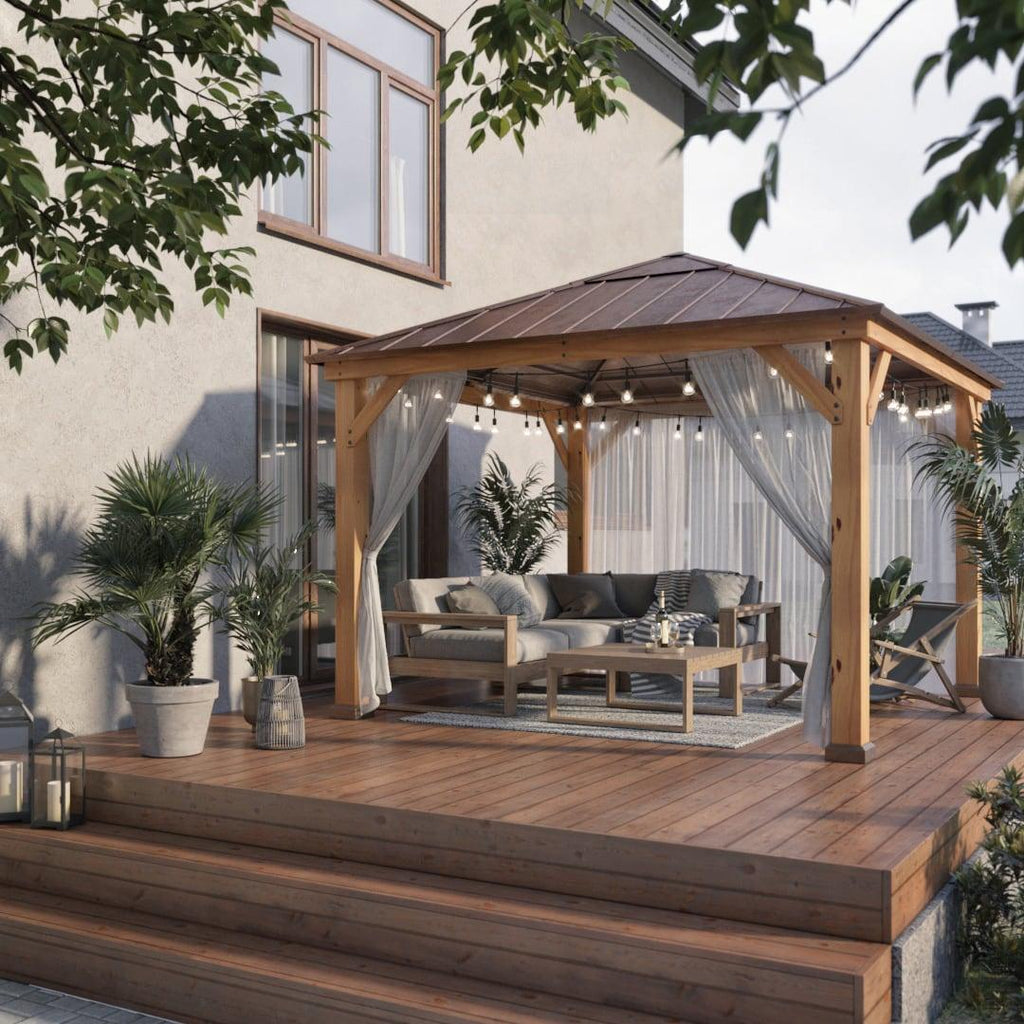 Pavilion PIRIN 336cm x 336cm cu cadru din cedru și acoperiș tip șold din oțel maro