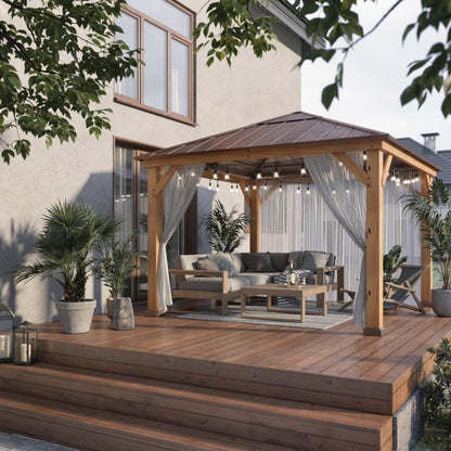 PIRIN 336cm x 336cm Cedar Framed Gazebo with Brown Steel Hip Roof