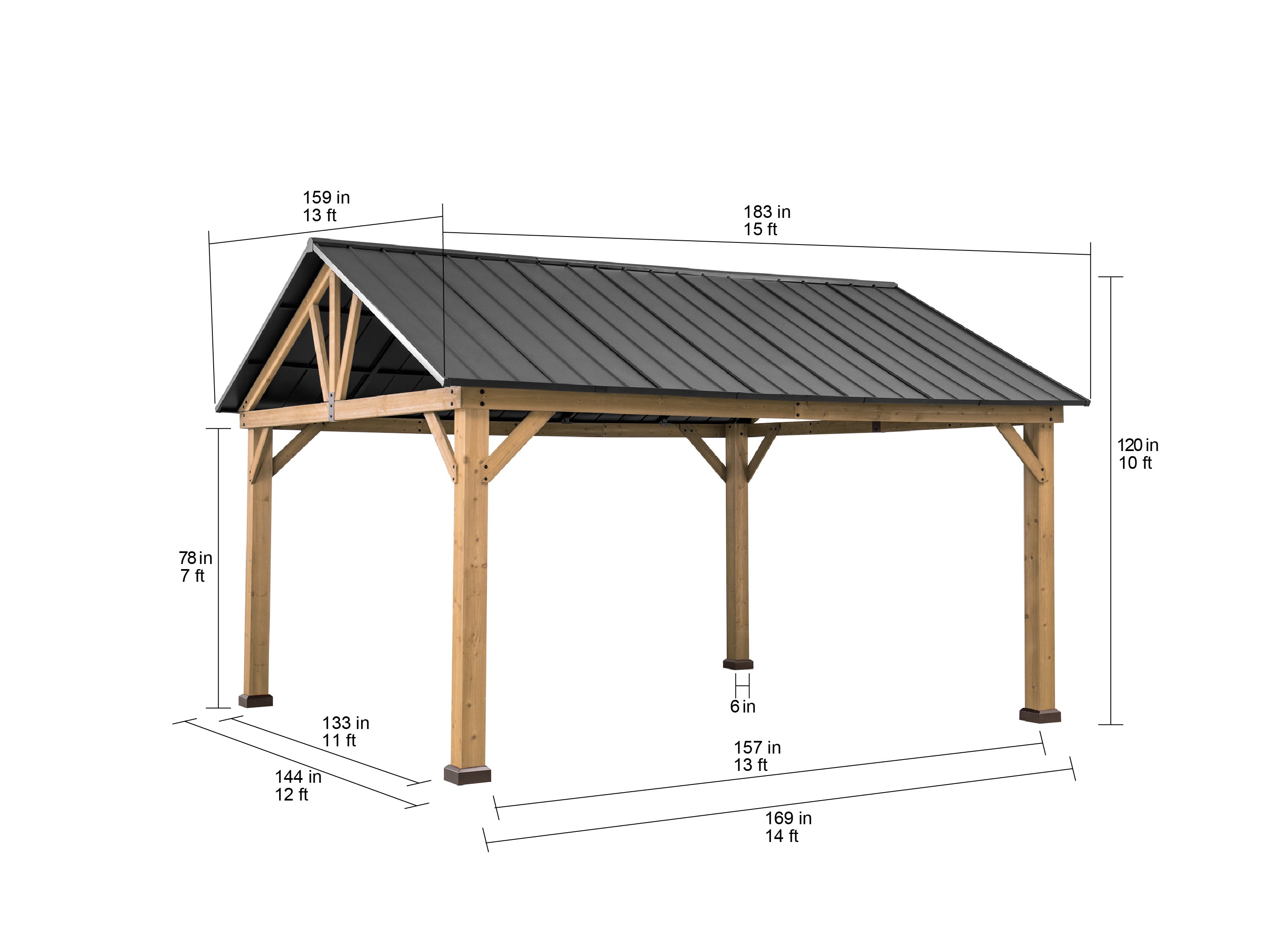 REBRA 465cm x 404cm Cedar Framed Gazebo with Anthracite Steel Gable Roof - dimensions