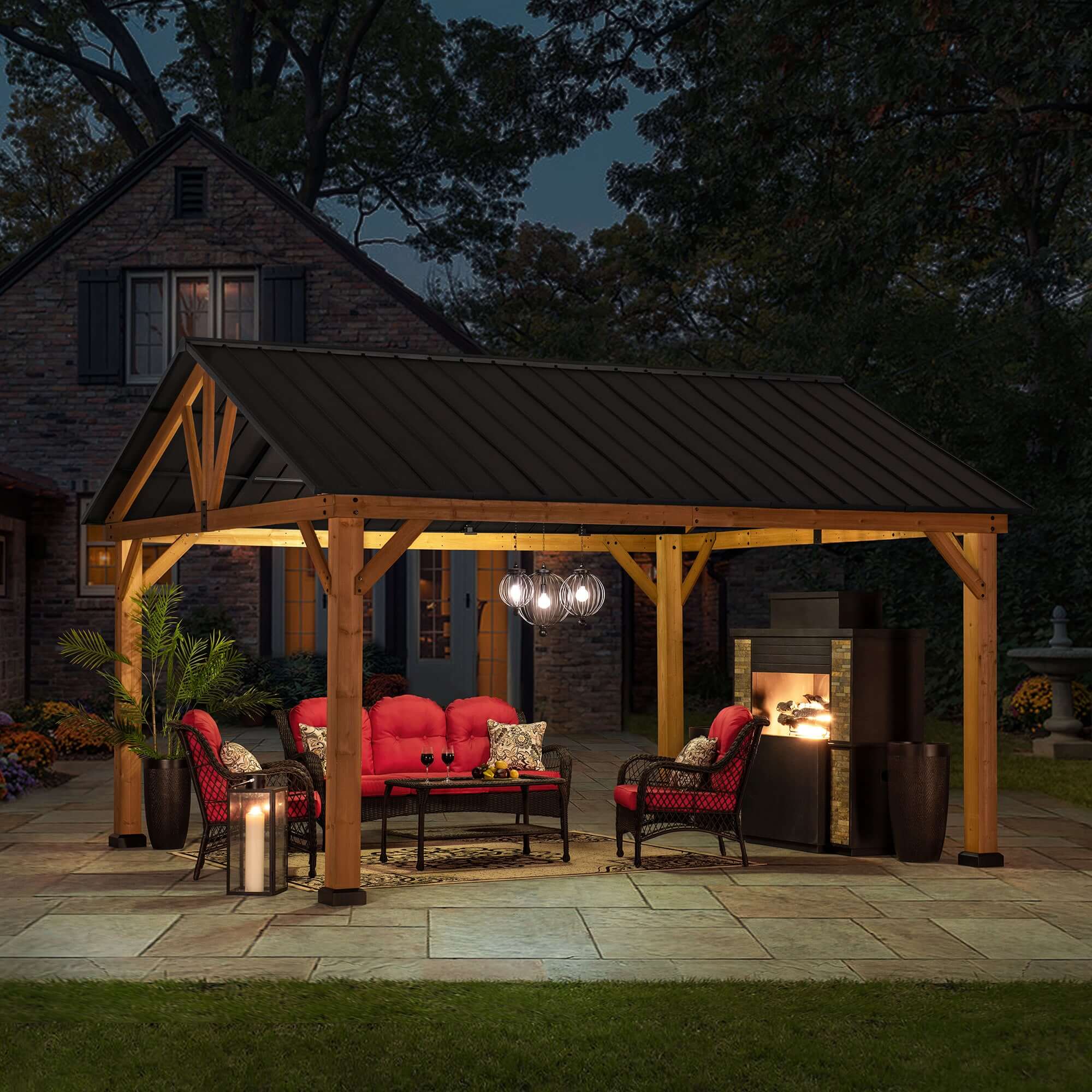 REBRA 465cm x 404cm Cedar Framed Gazebo with Anthracite Steel Gable Roof - full view night
