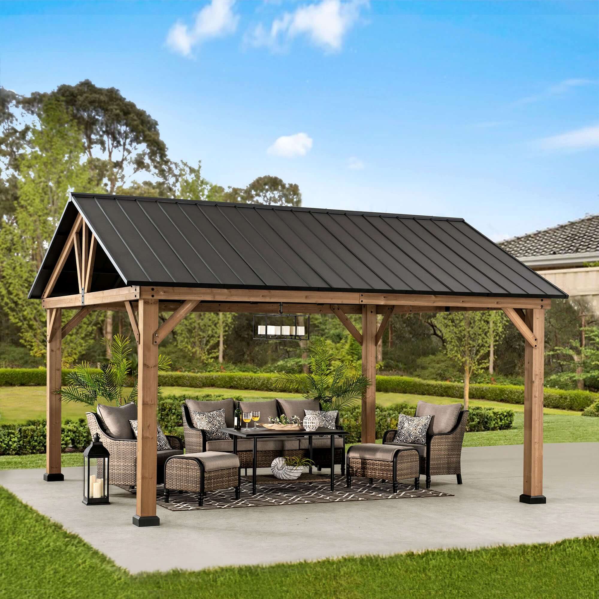 REBRA 465cm x 404cm Cedar Framed Gazebo with Anthracite Steel Gable Roof - full view day