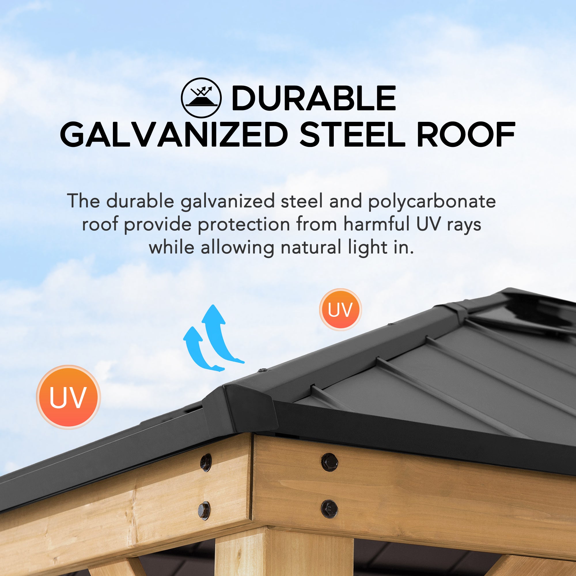 PIRIN 336cm x 336cm Cedar Framed Gazebo with Anthracite Gray Steel and Polycarbonate Hip Roof