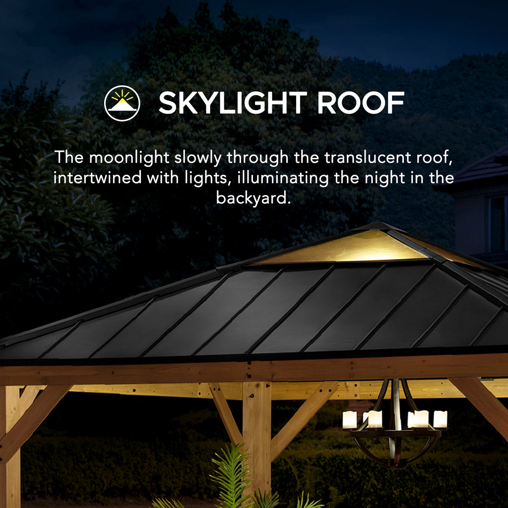 PIRIN 336cm x 336cm Cedar Framed Gazebo with Anthracite Gray Steel and Polycarbonate Hip Roof