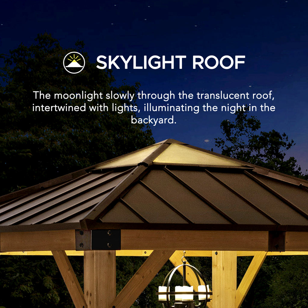 RAPI 273cm x 273cm Cedar Framed Gazebo with Brown Steel and Polycarbonate Hip Roof