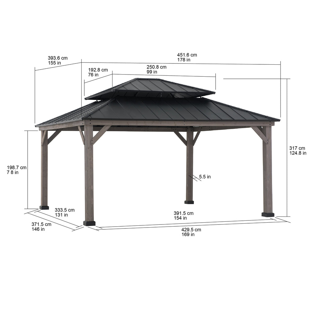RYSY 450cm x 390cm Cedar Framed Gazebo with Anthracite Steel Hardtop - dimensions