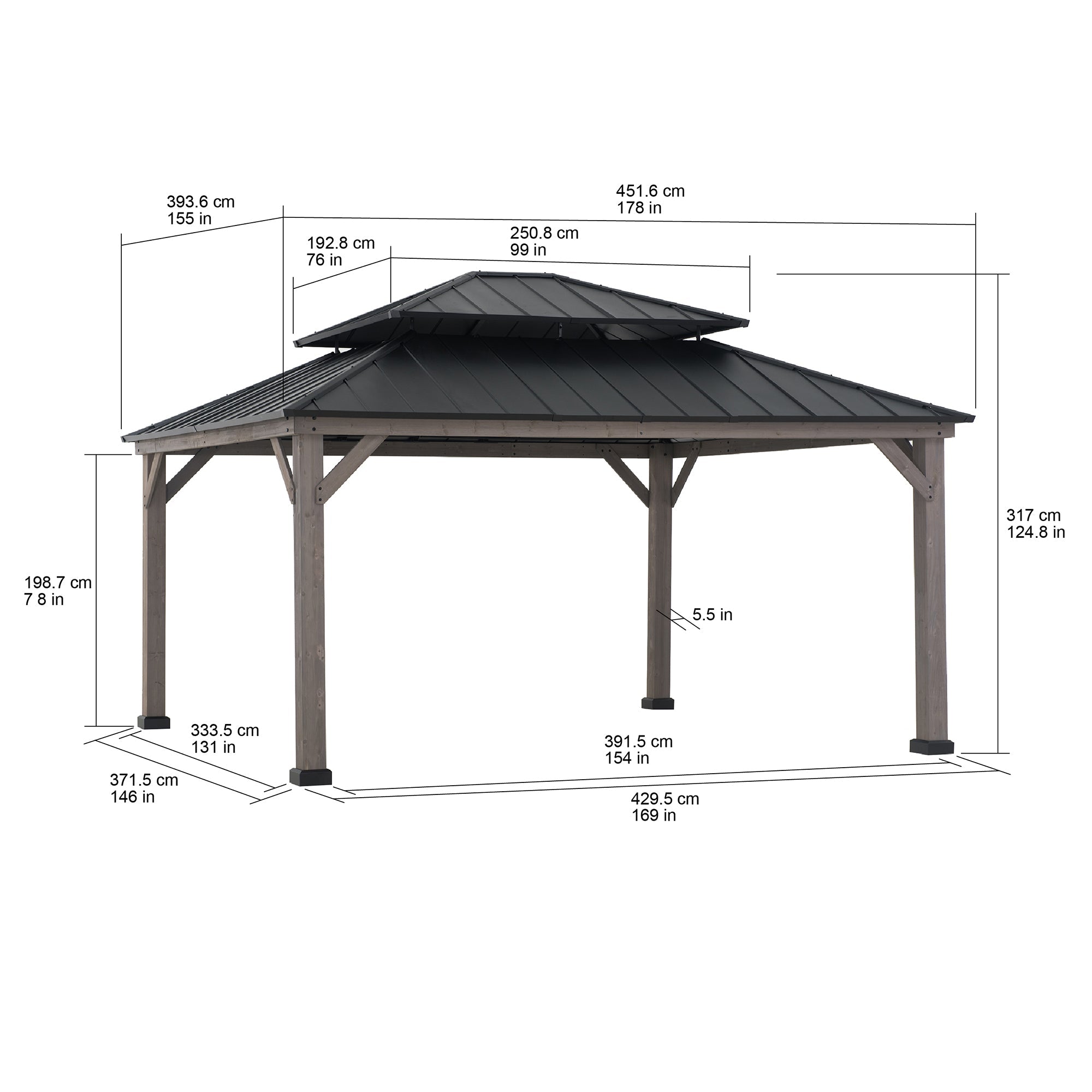 RYSY 450cm x 390cm Cedar Framed Gazebo with Anthracite Steel Hardtop - dimensions
