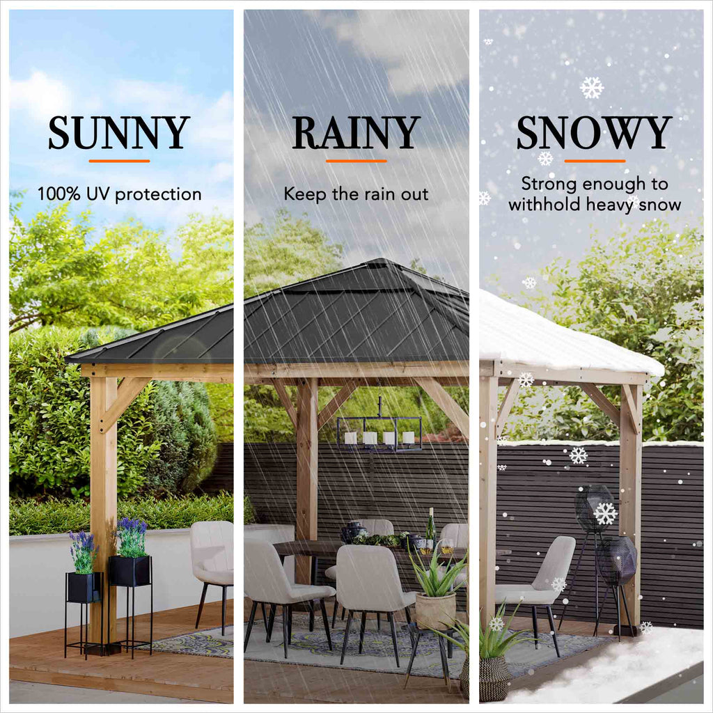 PIRIN 336cm x 336cm Cedar Framed Gazebo with Anthracite Gray Steel and Polycarbonate Hip Roof - any weather