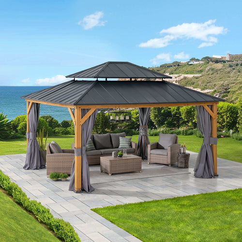 TRIVOR 450cm x 390cm Cedar Framed Gazebo with Anthracite Steel 2-tier Roof - full view day
